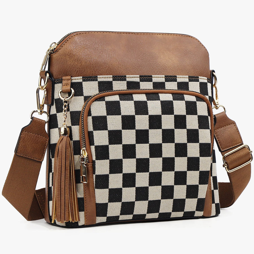 Ounamei Checkered Crossbody Bag in PU Leather & Canvas | Lightweight Shoulder Bag for Women