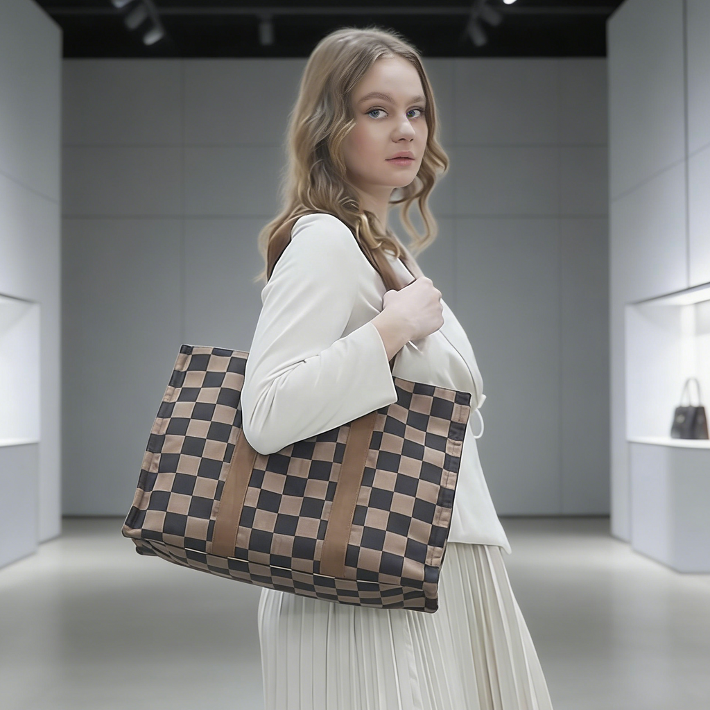 Ounamei Checkered Canvas Work Tote | Zippered Laptop Shoulder & Crossbody Bag (15.6–16”)