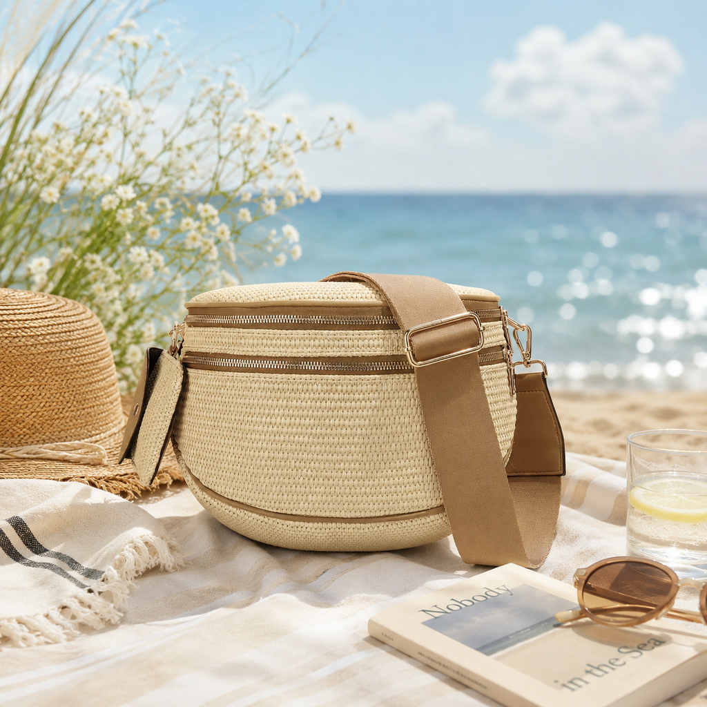 Ounamei Woven Straw Crossbody Bum Bag for Women Large Capacity Summer Belt Bag with Mini Pouch