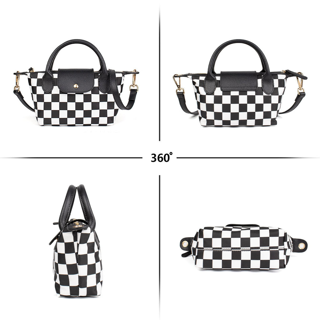 Ounamei Mini Checkered Nylon Crossbody Bag | Small Size Large Capacity 3-Way Carry Lightweight Tote