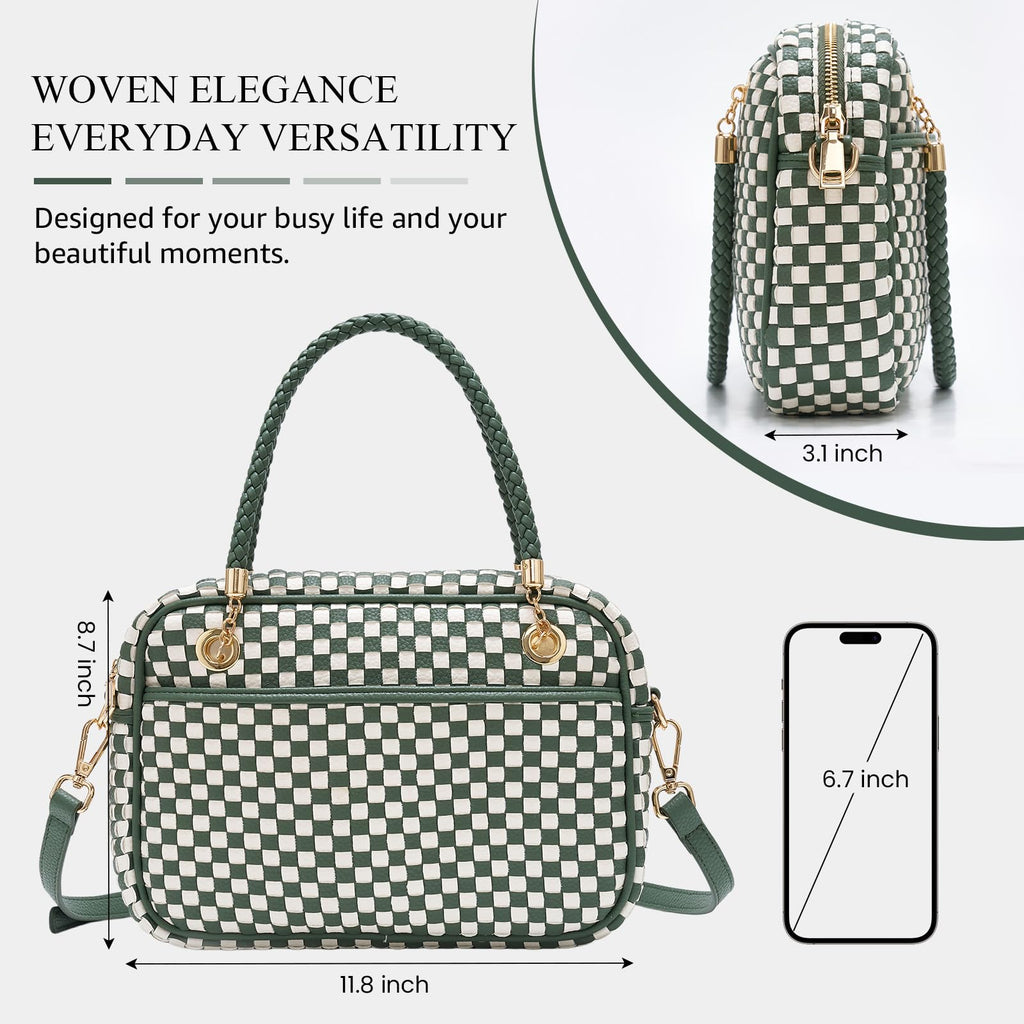 Ounamei Chic Checkered Woven Handbag Top Handle Crossbody Shoulder Bag Vegan Leather