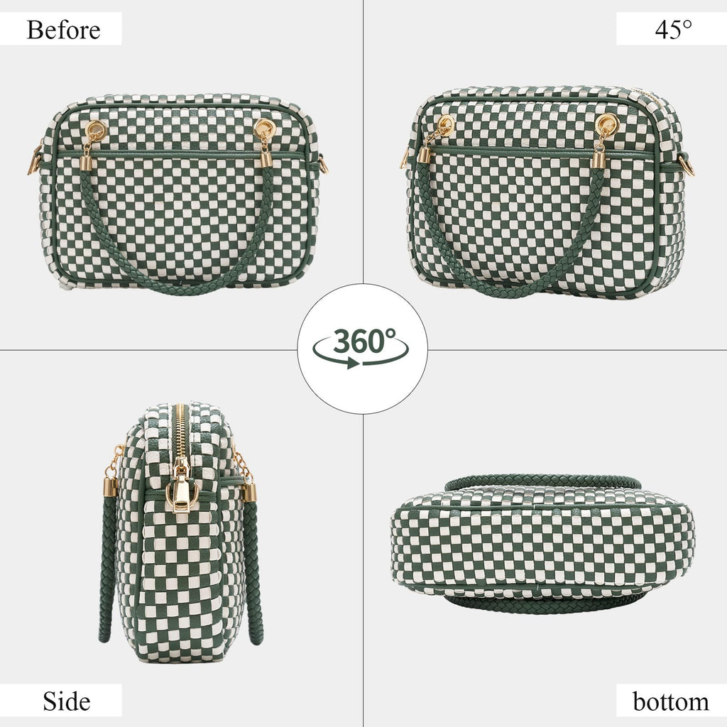 Ounamei Chic Checkered Woven Handbag Top Handle Crossbody Shoulder Bag Vegan Leather