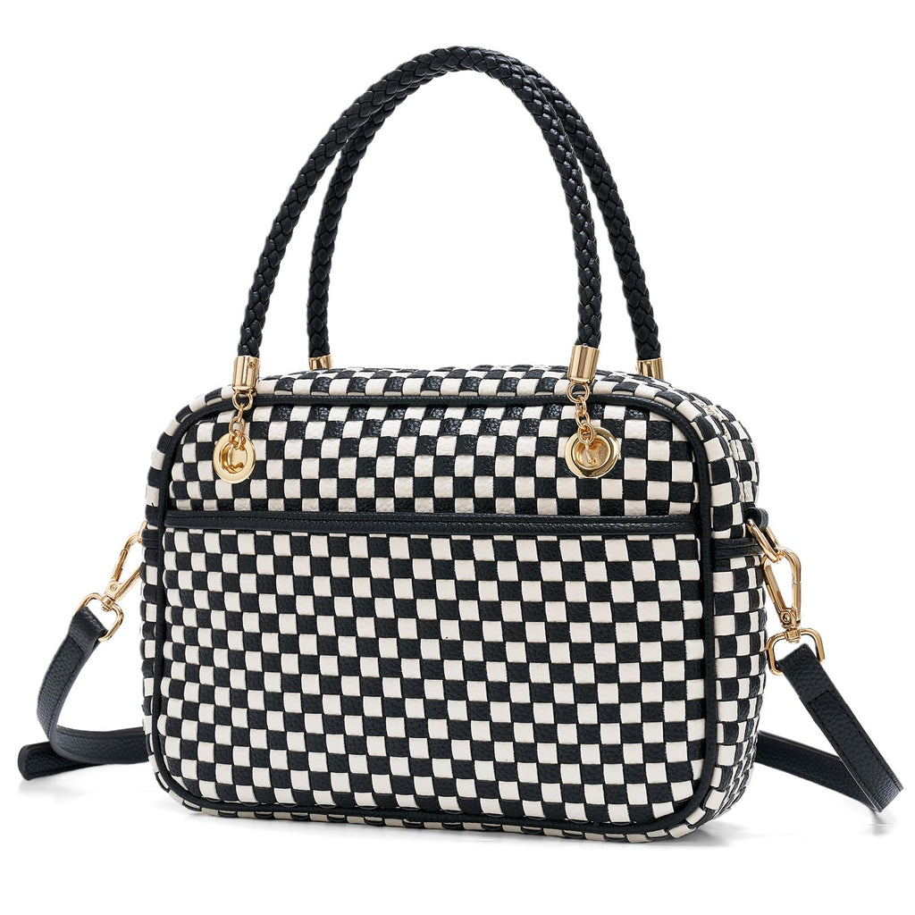 Ounamei Chic Checkered Woven Handbag Top Handle Crossbody Shoulder Bag Vegan Leather