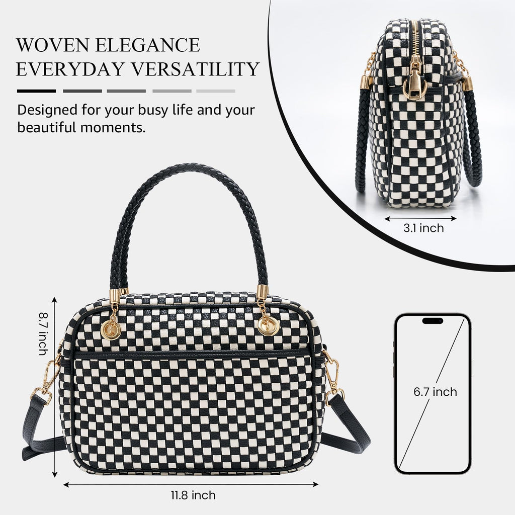 Ounamei Chic Checkered Woven Handbag Top Handle Crossbody Shoulder Bag Vegan Leather