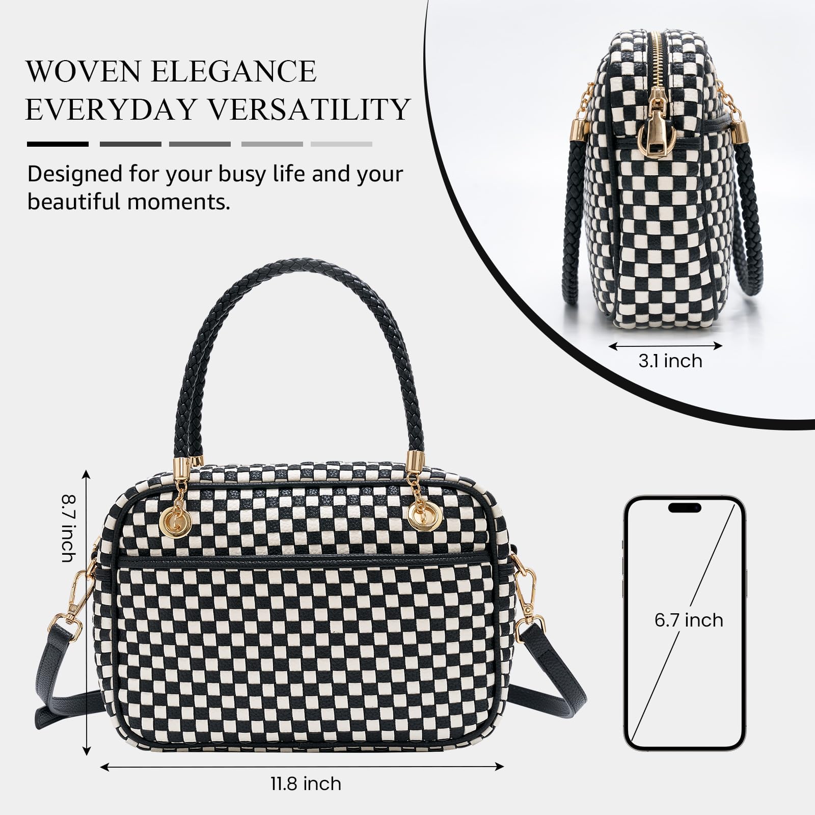 Ounamei Chic Checkered Woven Handbag Top Handle Crossbody Shoulder Bag Vegan Leather