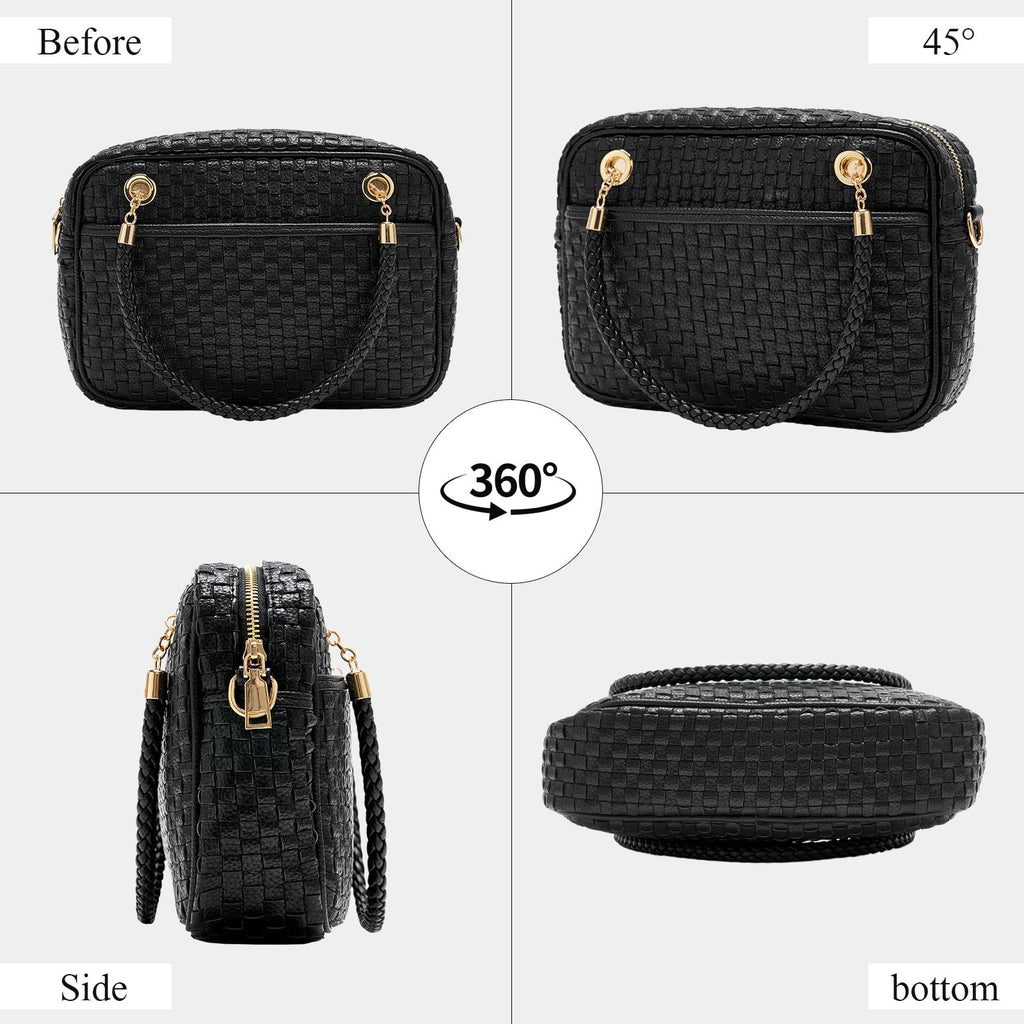Ounamei Chic Checkered Woven Handbag Top Handle Crossbody Shoulder Bag Vegan Leather