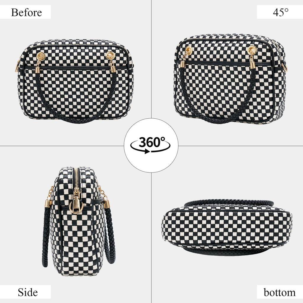 Ounamei Chic Checkered Woven Handbag Top Handle Crossbody Shoulder Bag Vegan Leather