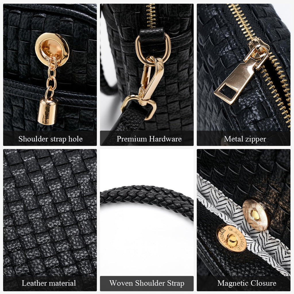 Ounamei Chic Checkered Woven Handbag Top Handle Crossbody Shoulder Bag Vegan Leather