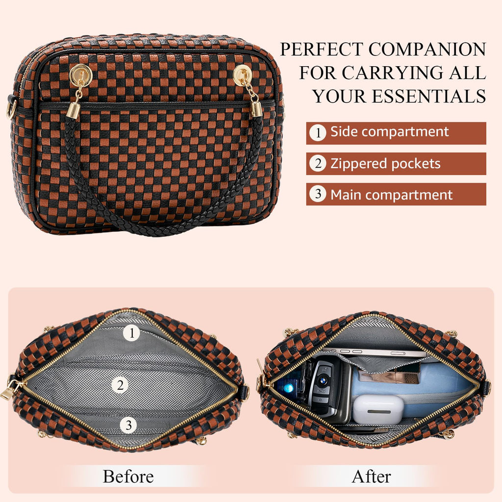 Ounamei Chic Checkered Woven Handbag Top Handle Crossbody Shoulder Bag Vegan Leather
