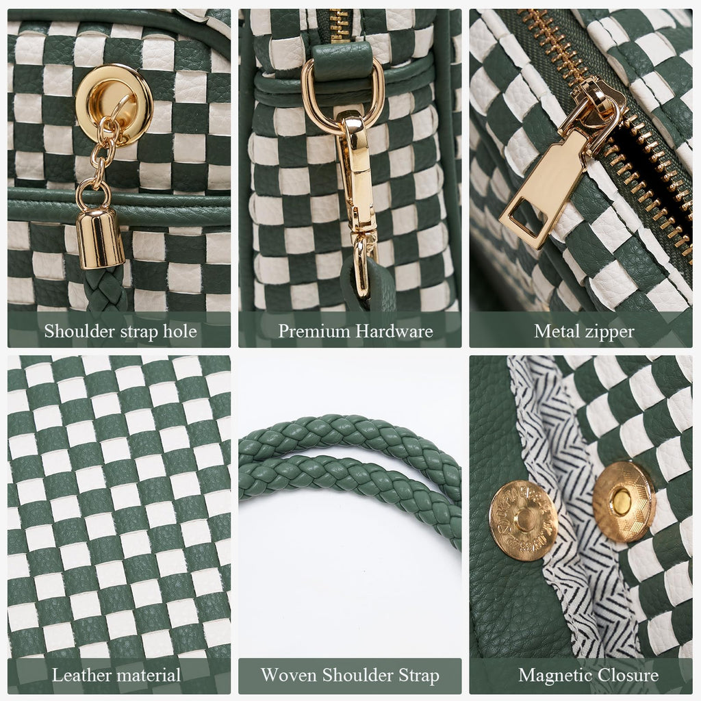 Ounamei Chic Checkered Woven Handbag Top Handle Crossbody Shoulder Bag Vegan Leather