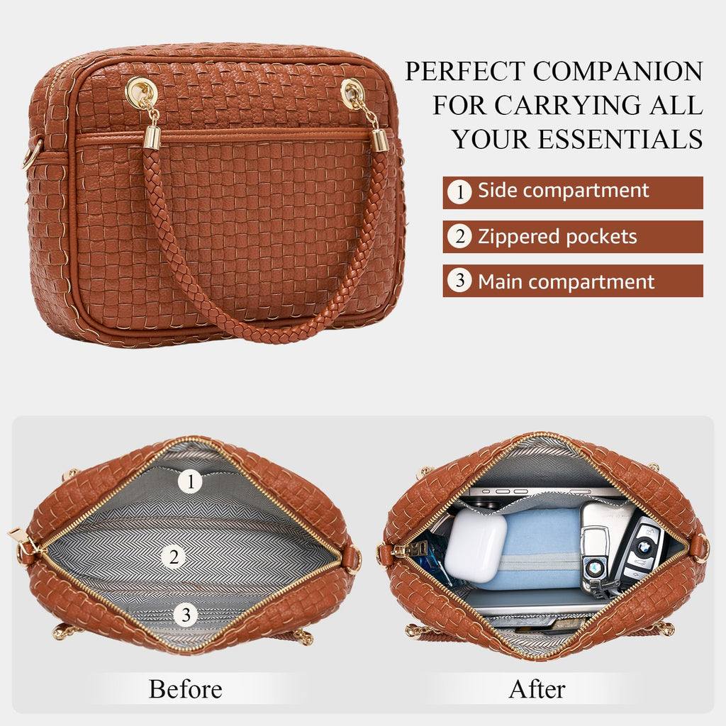 Ounamei Chic Checkered Woven Handbag Top Handle Crossbody Shoulder Bag Vegan Leather