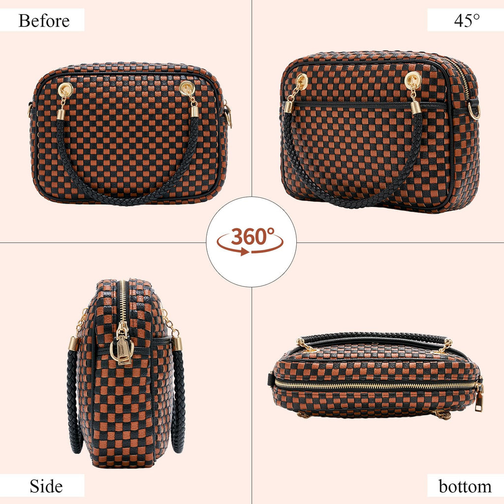 Ounamei Chic Checkered Woven Handbag Top Handle Crossbody Shoulder Bag Vegan Leather
