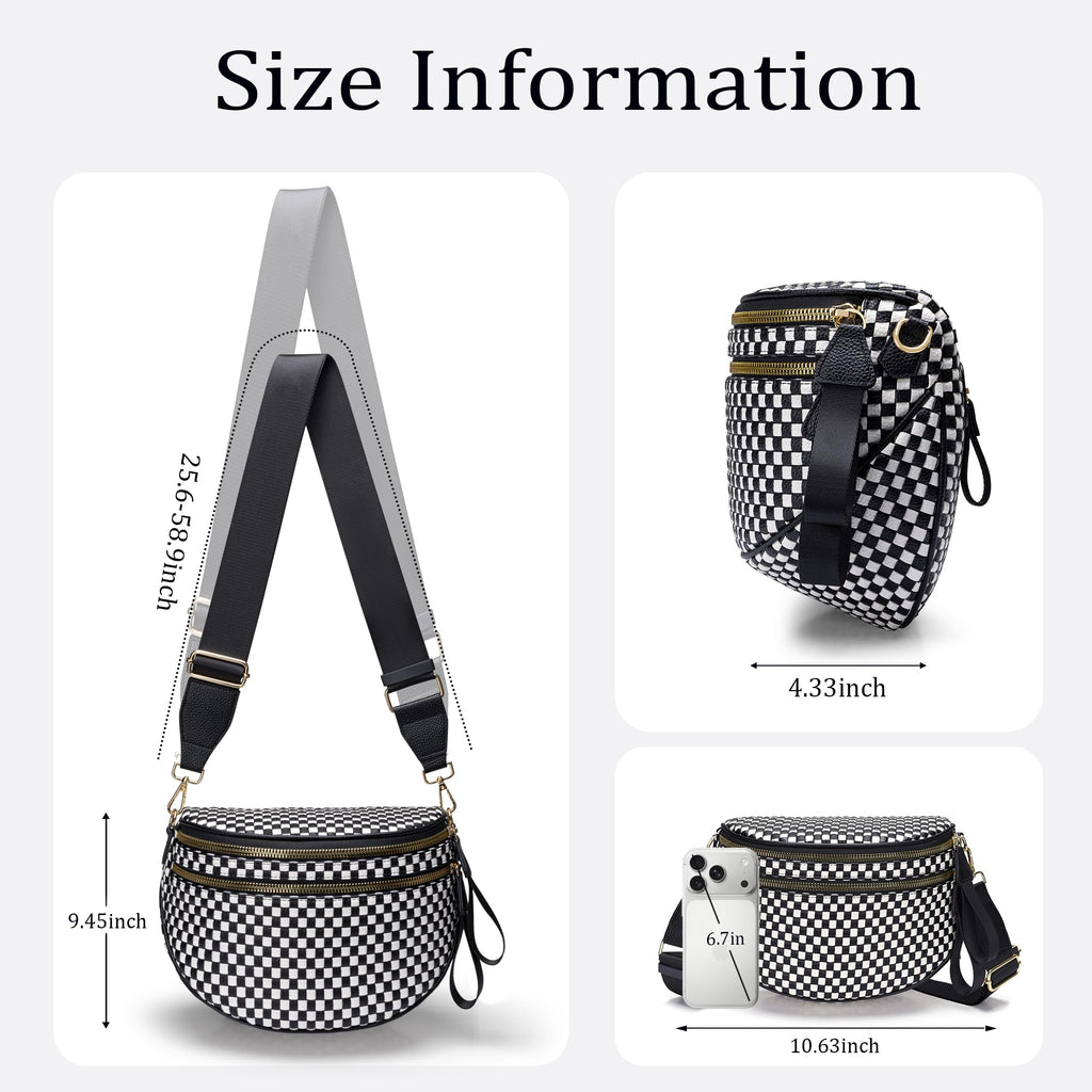 Ounamei Checkered Woven Crossbody Bum Bag | Vegan Leather Sling Bag with Adjustable Strap
