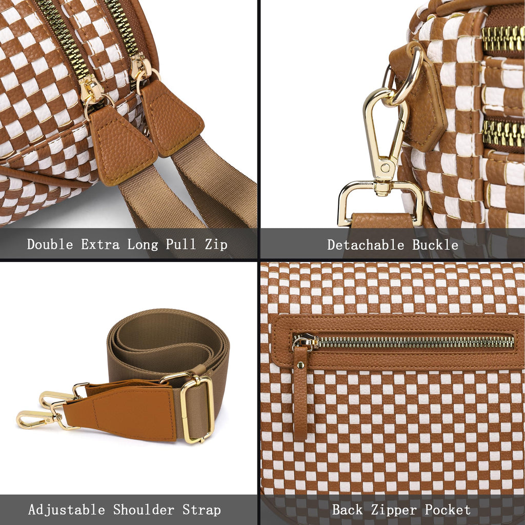 Ounamei Checkered Woven Crossbody Bum Bag | Vegan Leather Sling Bag with Adjustable Strap
