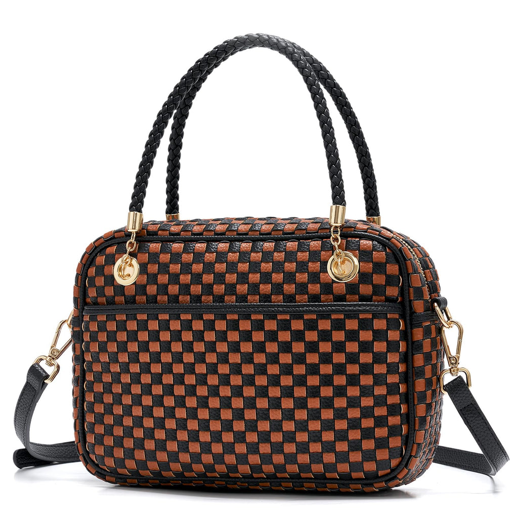 Ounamei Chic Checkered Woven Handbag Top Handle Crossbody Shoulder Bag Vegan Leather