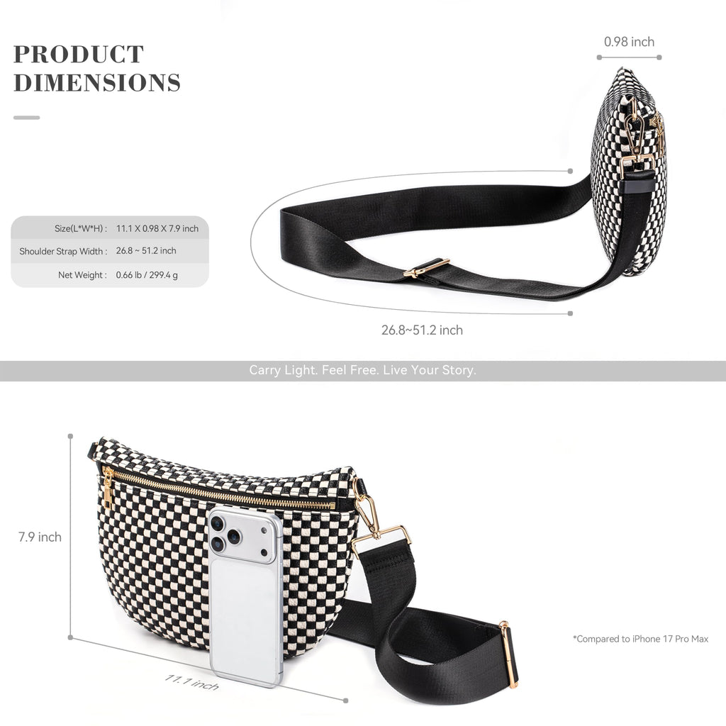 Ounamei Checkered Woven Crossbody Fanny Pack for Women – Adjustable Sling Bum Bag, Lightweight Everyday Travel Shoulder Purse