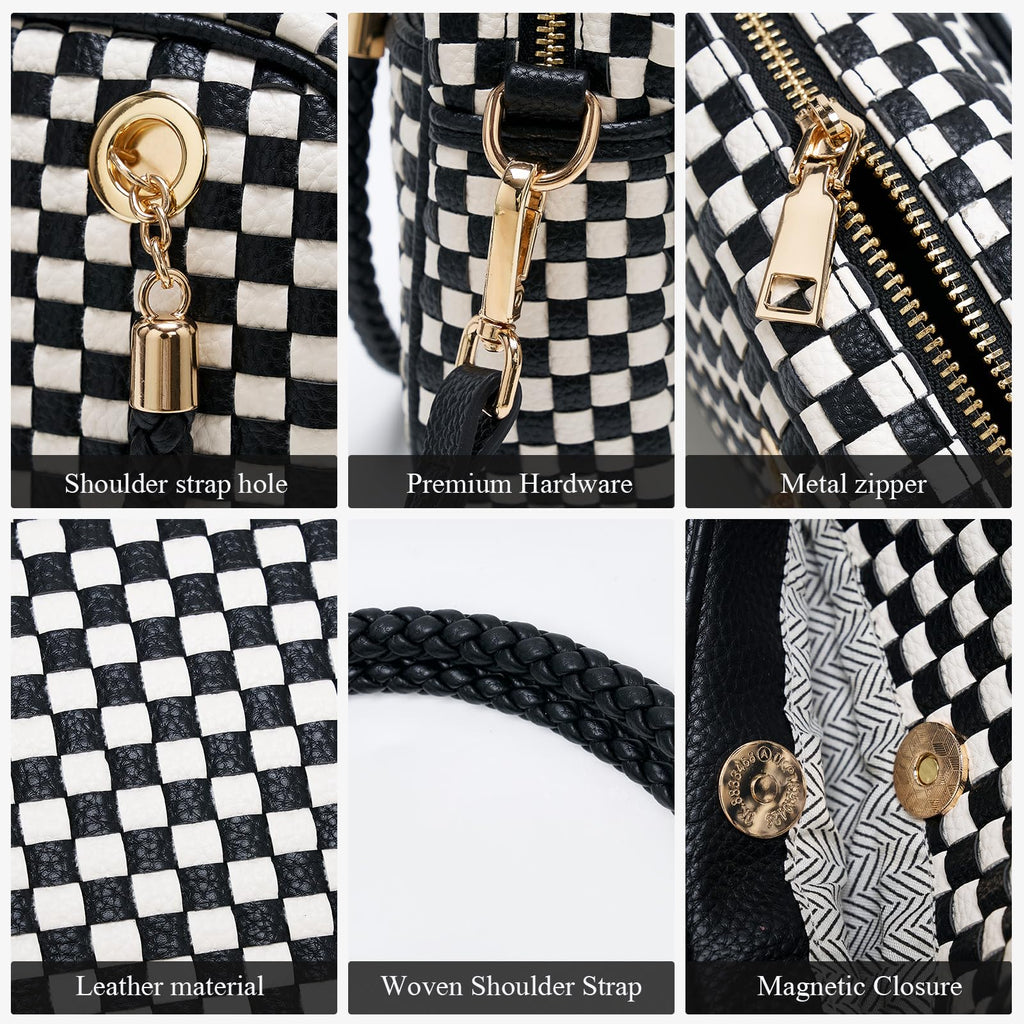Ounamei Chic Checkered Woven Handbag Top Handle Crossbody Shoulder Bag Vegan Leather