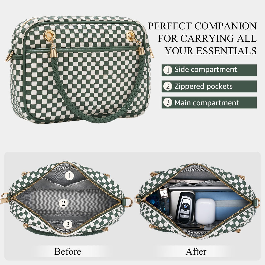 Ounamei Chic Checkered Woven Handbag Top Handle Crossbody Shoulder Bag Vegan Leather