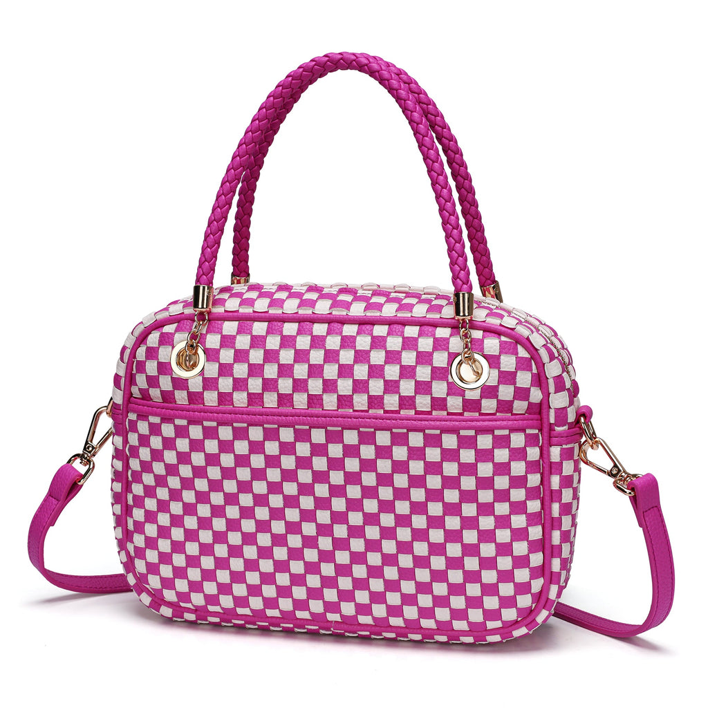 Ounamei Chic Checkered Woven Handbag Top Handle Crossbody Shoulder Bag Vegan Leather