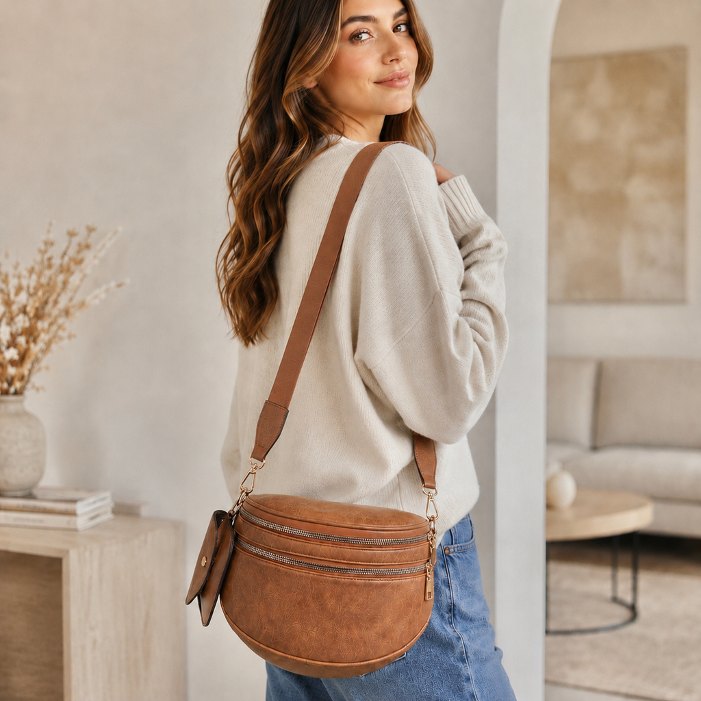 Ounamei Vegan Leather Crossbody Bum Bag for Women with Mini Pouch