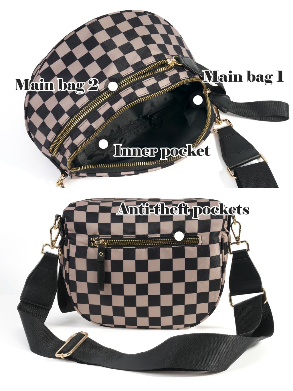 Ounamei Checkered Crossbody Bum Bag for Women Large Capacity Belt Bag for Moms & Everyday Travel