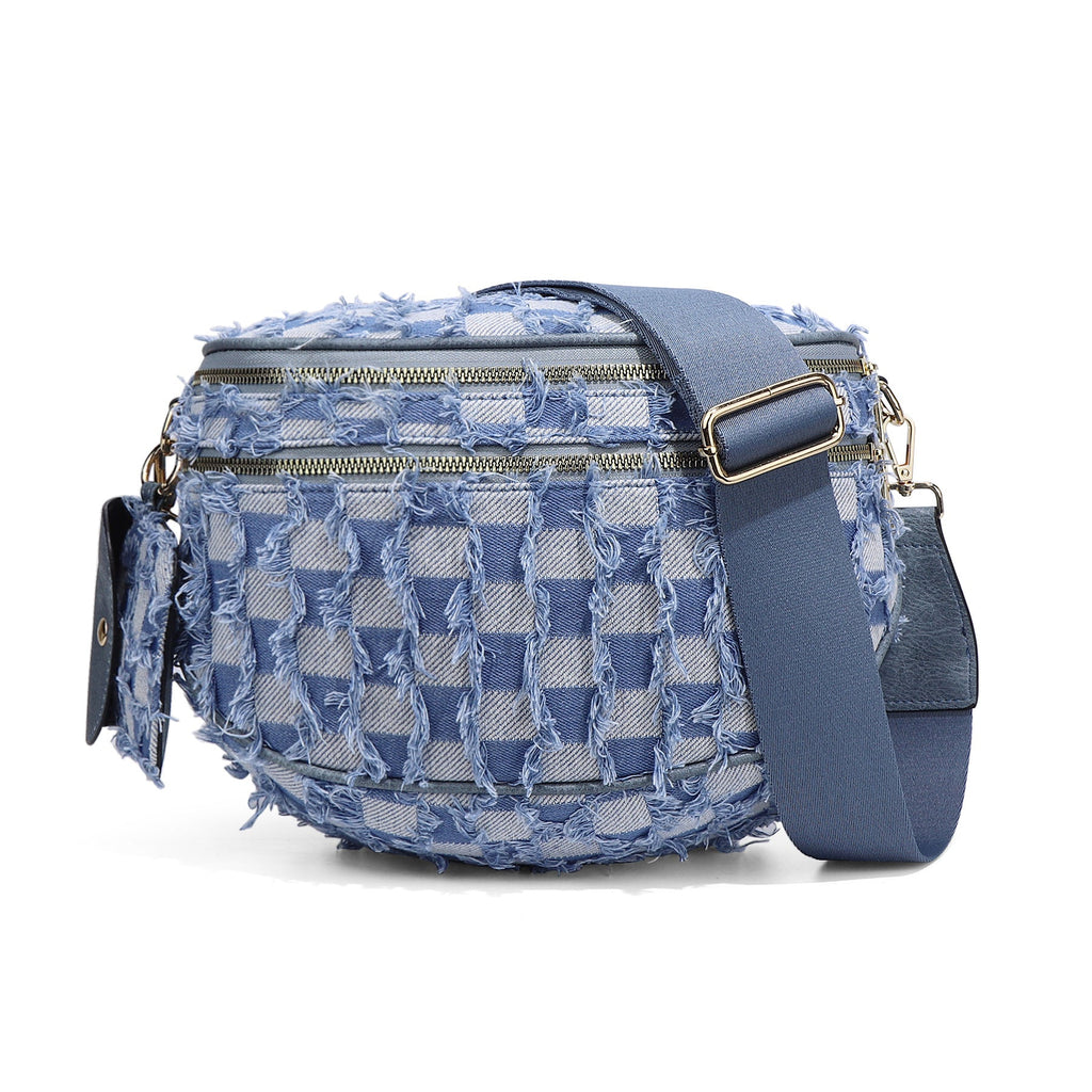 Ounamei Denim Checkered Crossbody Bag for Women | Large Capacity Sling Bum Bag with Mini Pouch