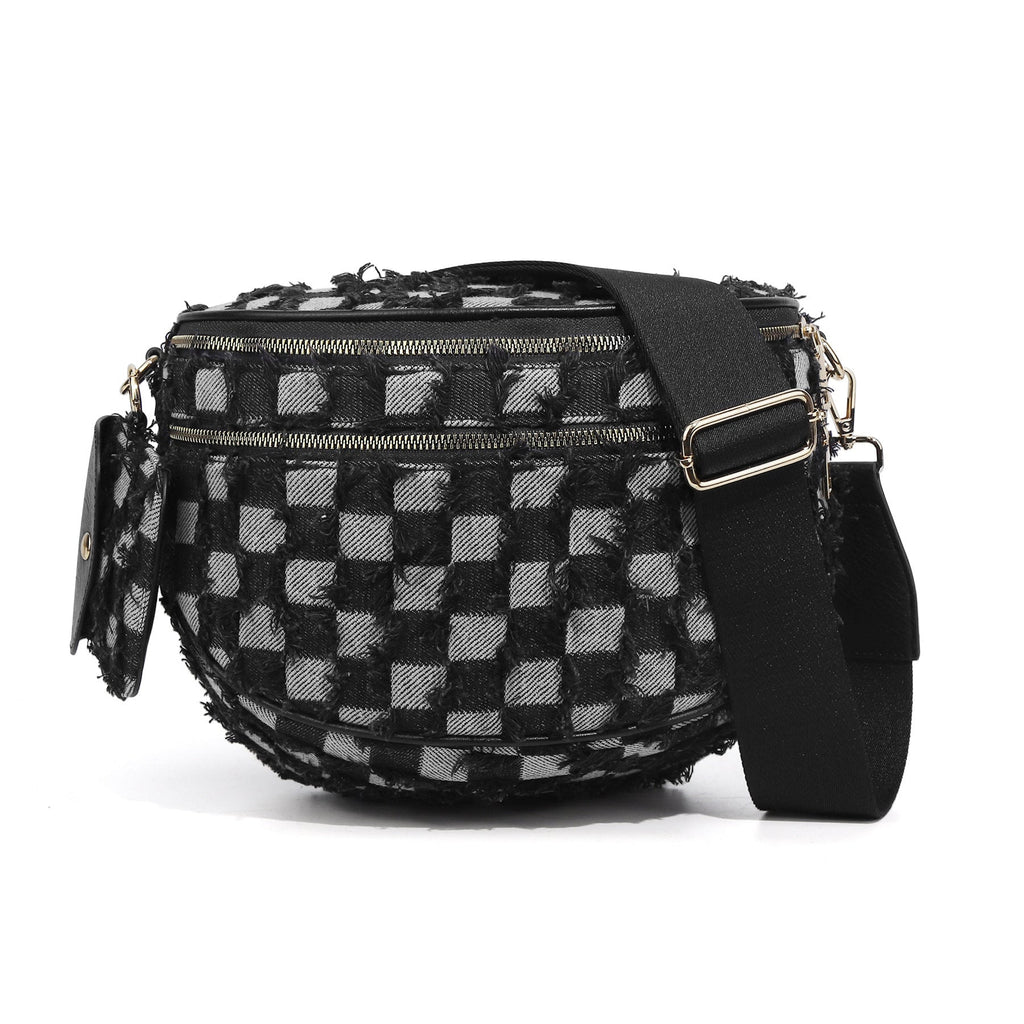 Ounamei Denim Checkered Crossbody Bag for Women | Large Capacity Sling Bum Bag with Mini Pouch