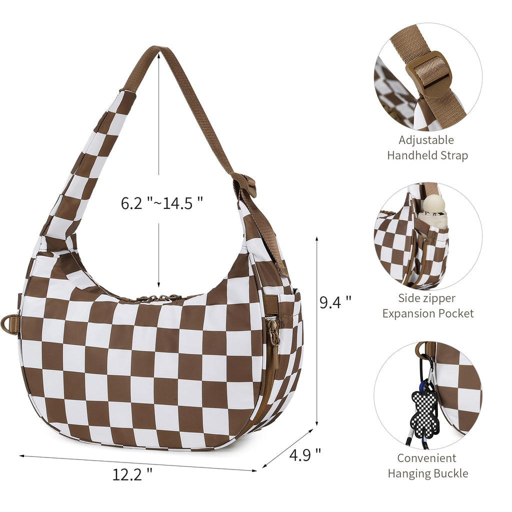 Ounamei Checkered Crescent Shoulder Bag | Women's Underarm hobo handbags Nylon Small Tote Bag