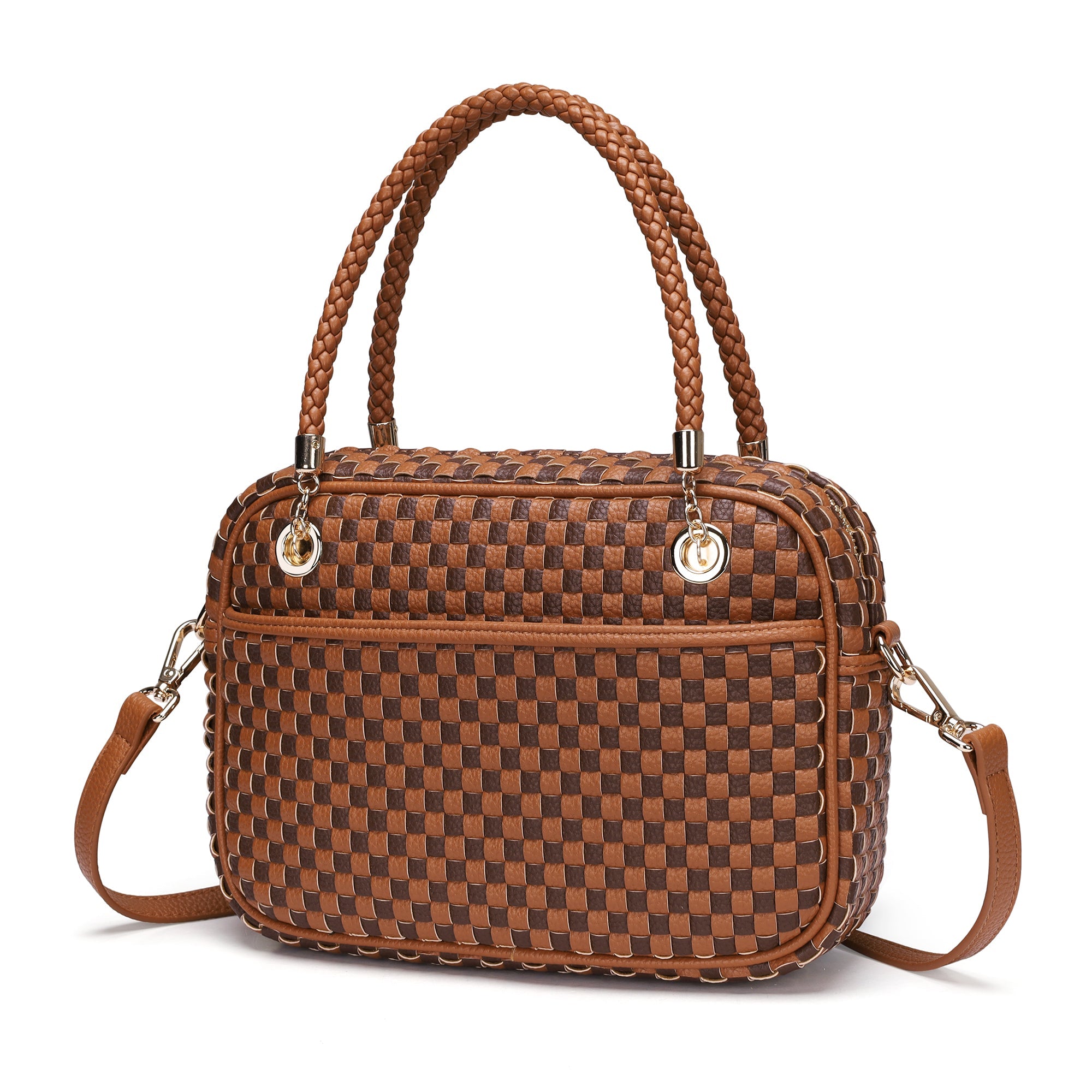 Ounamei Chic Checkered Woven Handbag Top Handle Crossbody Shoulder Bag Vegan Leather