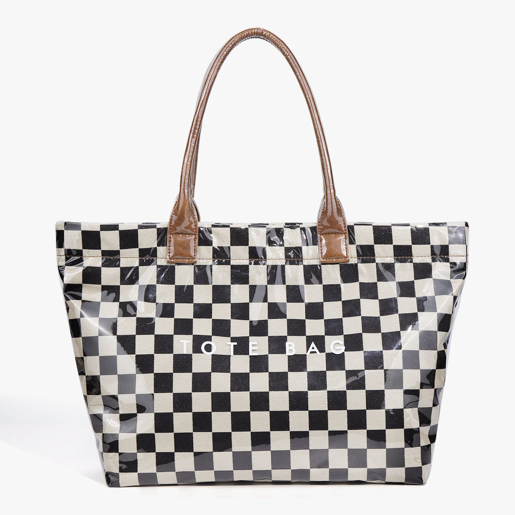 Ounamei Large Capacity PVC Checkered Tote Bag for Women | Waterproof Canvas Work Tote Fits 15.6-Inch Laptop