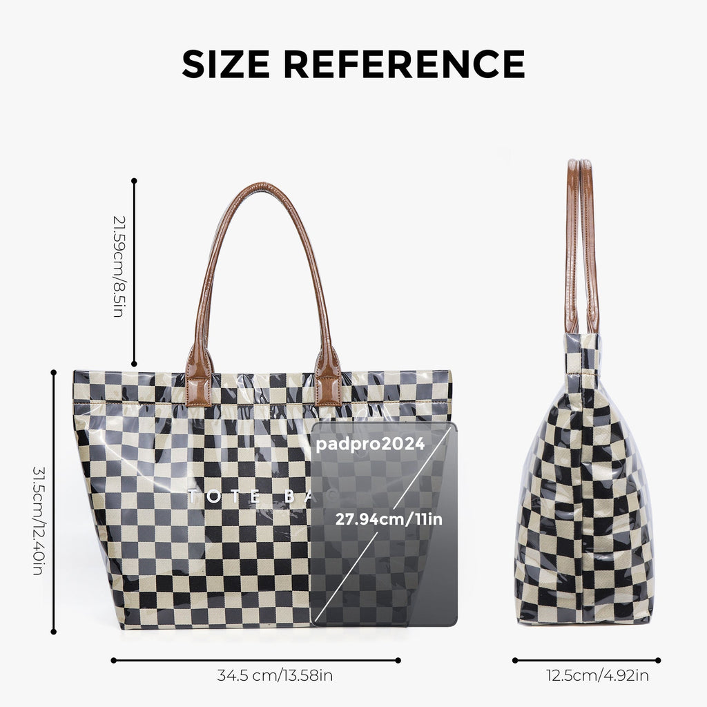 Ounamei Large Capacity PVC Checkered Tote Bag for Women | Waterproof Canvas Work Tote Fits 15.6-Inch Laptop
