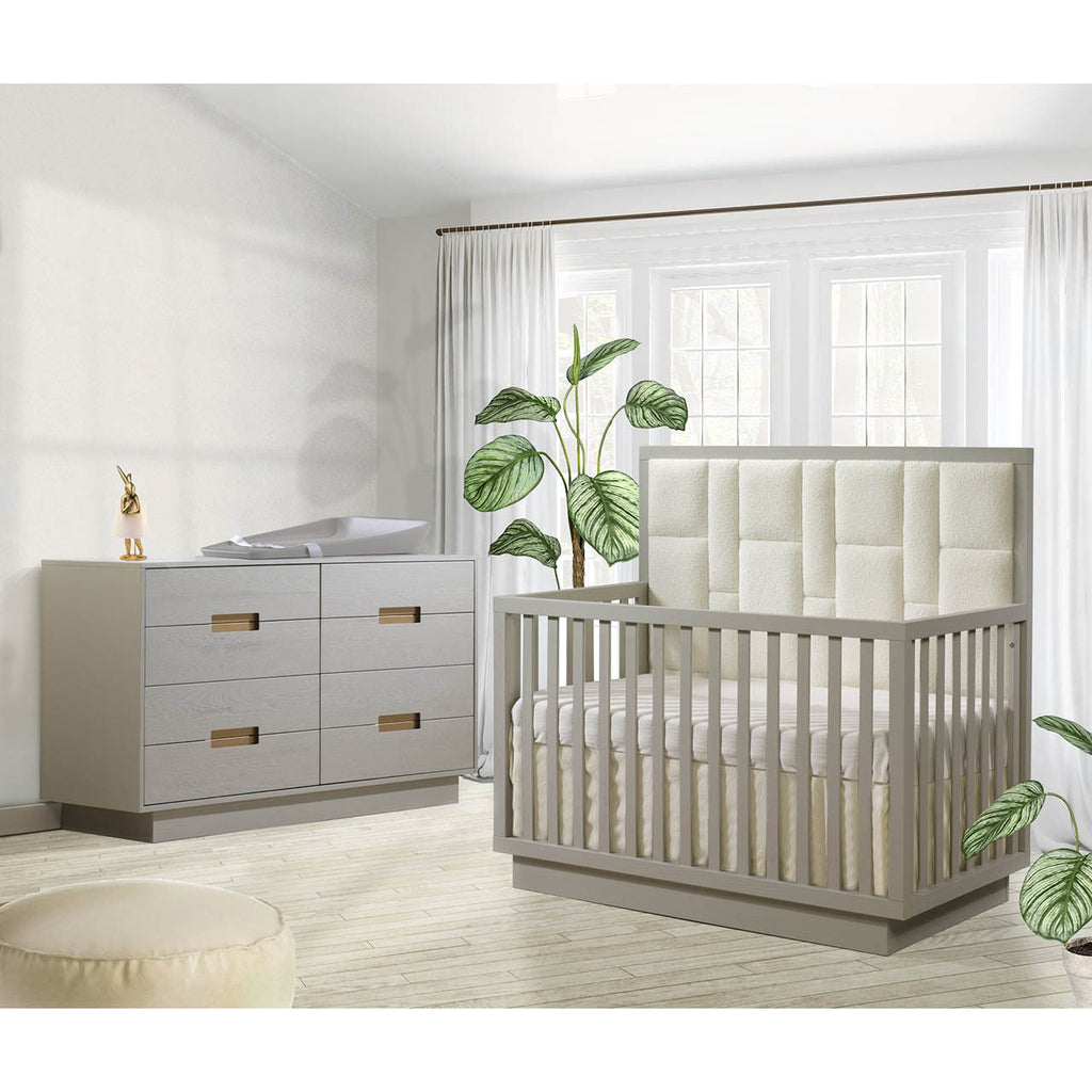 Crib-to-Double Bed with Upholstered Panel in Boucle Beige P31626