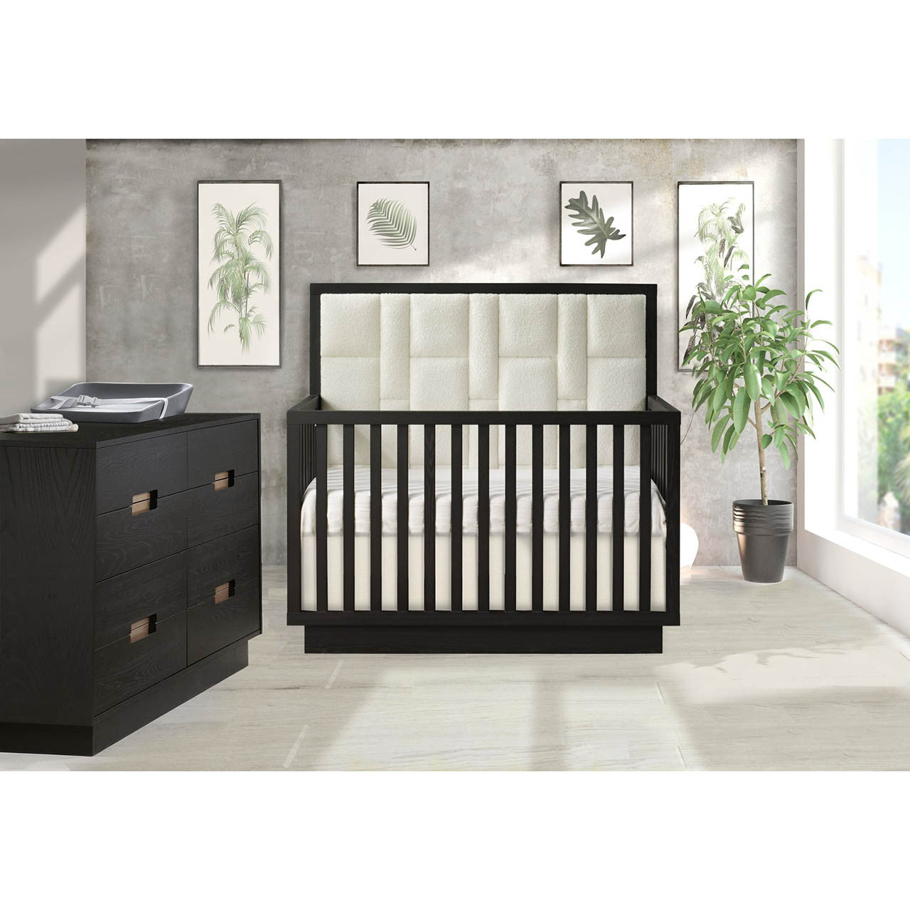 Crib-to-Double Bed with Upholstered Panel in Boucle Beige P31626