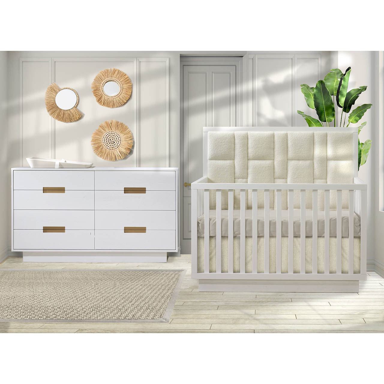 Crib-to-Double Bed with Upholstered Panel in Boucle Beige P31626