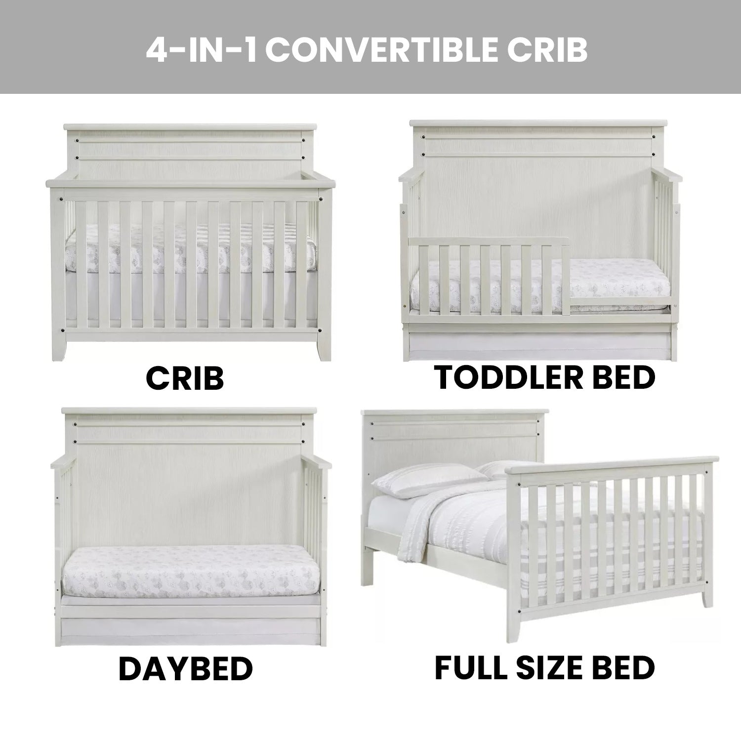 4-in-1 Convertible Crib - Rustic White P7007