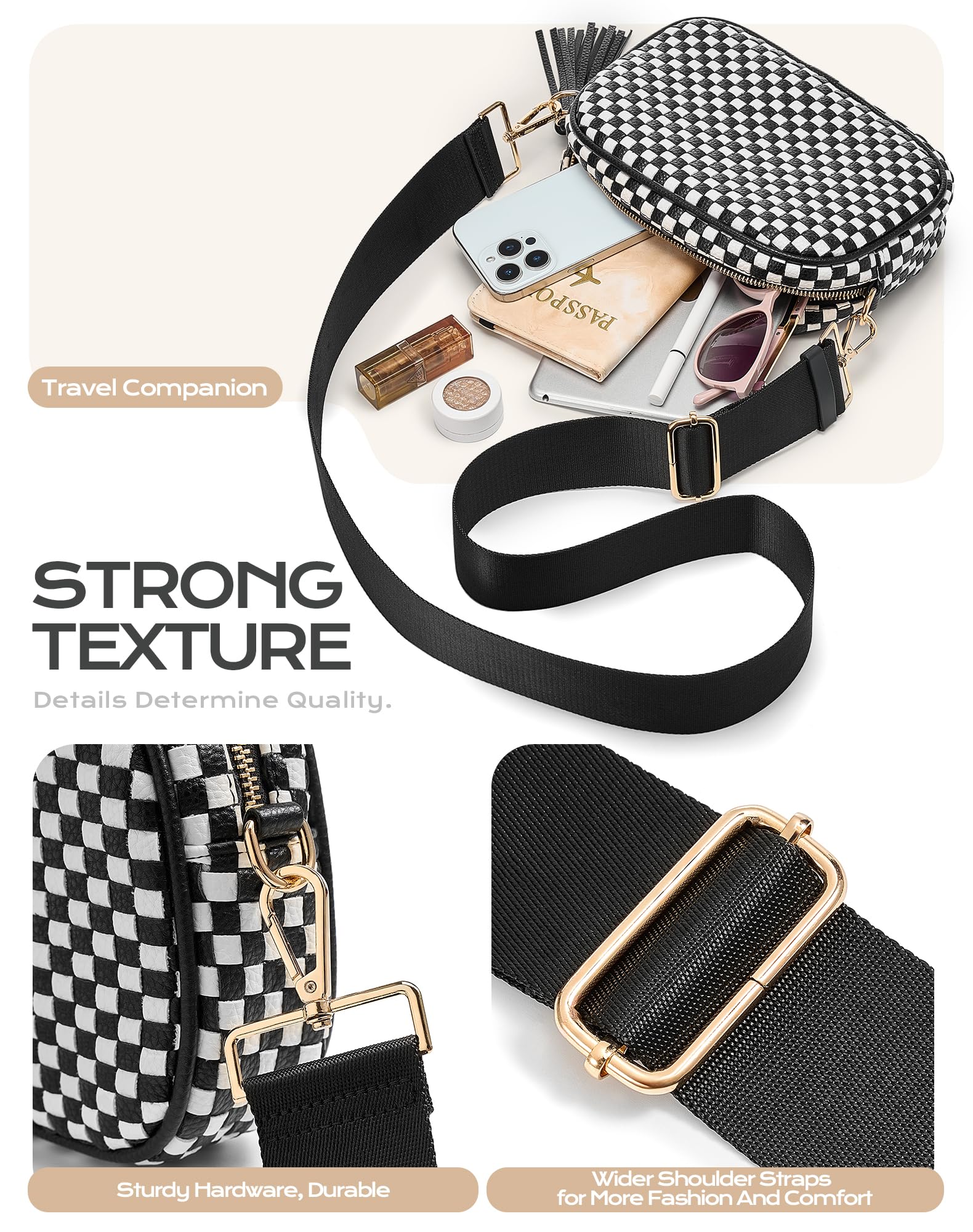 Ounamei PU Leather Woven Crossbody Bag | Checkered Shoulder & Belt Bag for Women