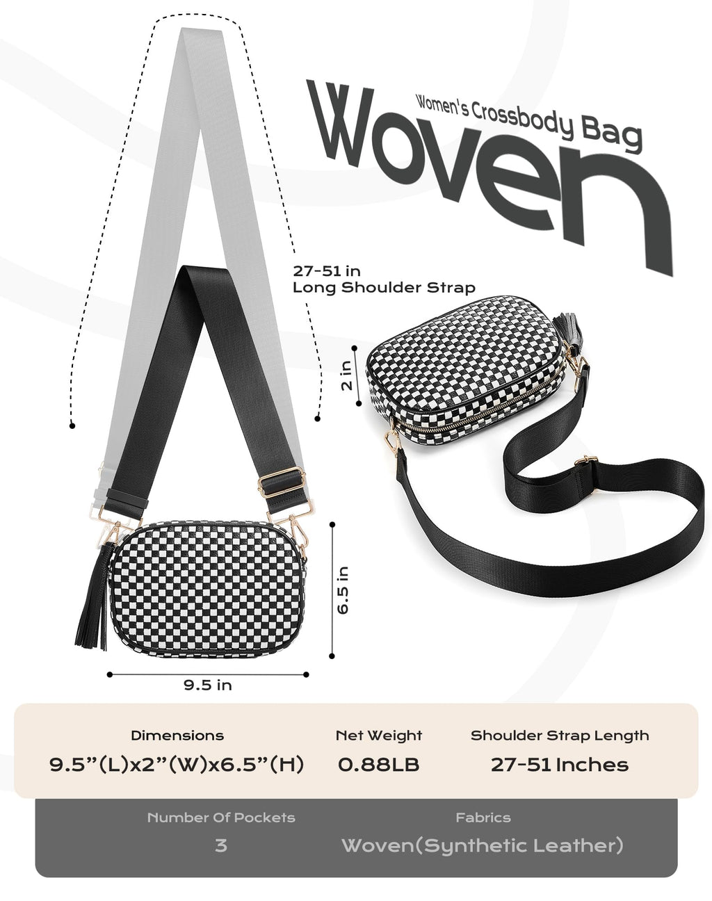 Ounamei PU Leather Woven Crossbody Bag | Checkered Shoulder & Belt Bag for Women