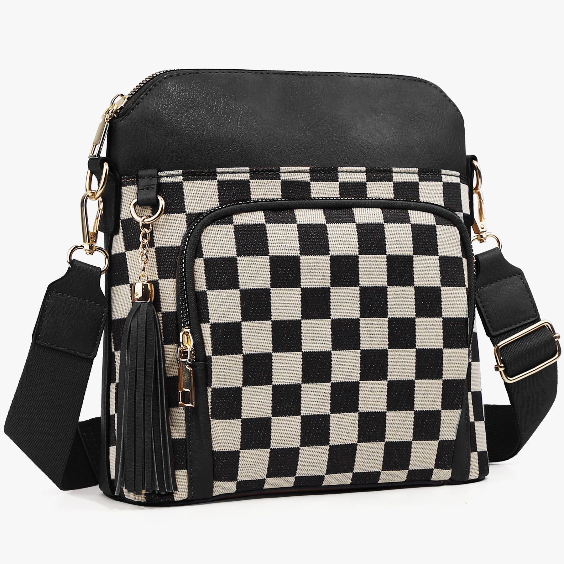 Ounamei Checkered Crossbody Bag in PU Leather & Canvas | Lightweight Shoulder Bag for Women
